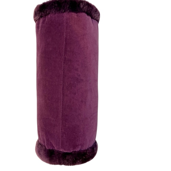 Luxurious Eggplant Faux Velvet and Fur Round Bolster Decorative Pillow - Picture 3 of 7